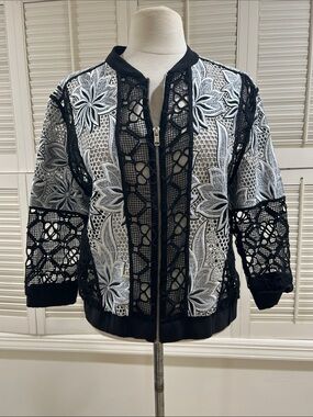 Intermix Embroidered Black & White Lace Bomber Jacket - Women